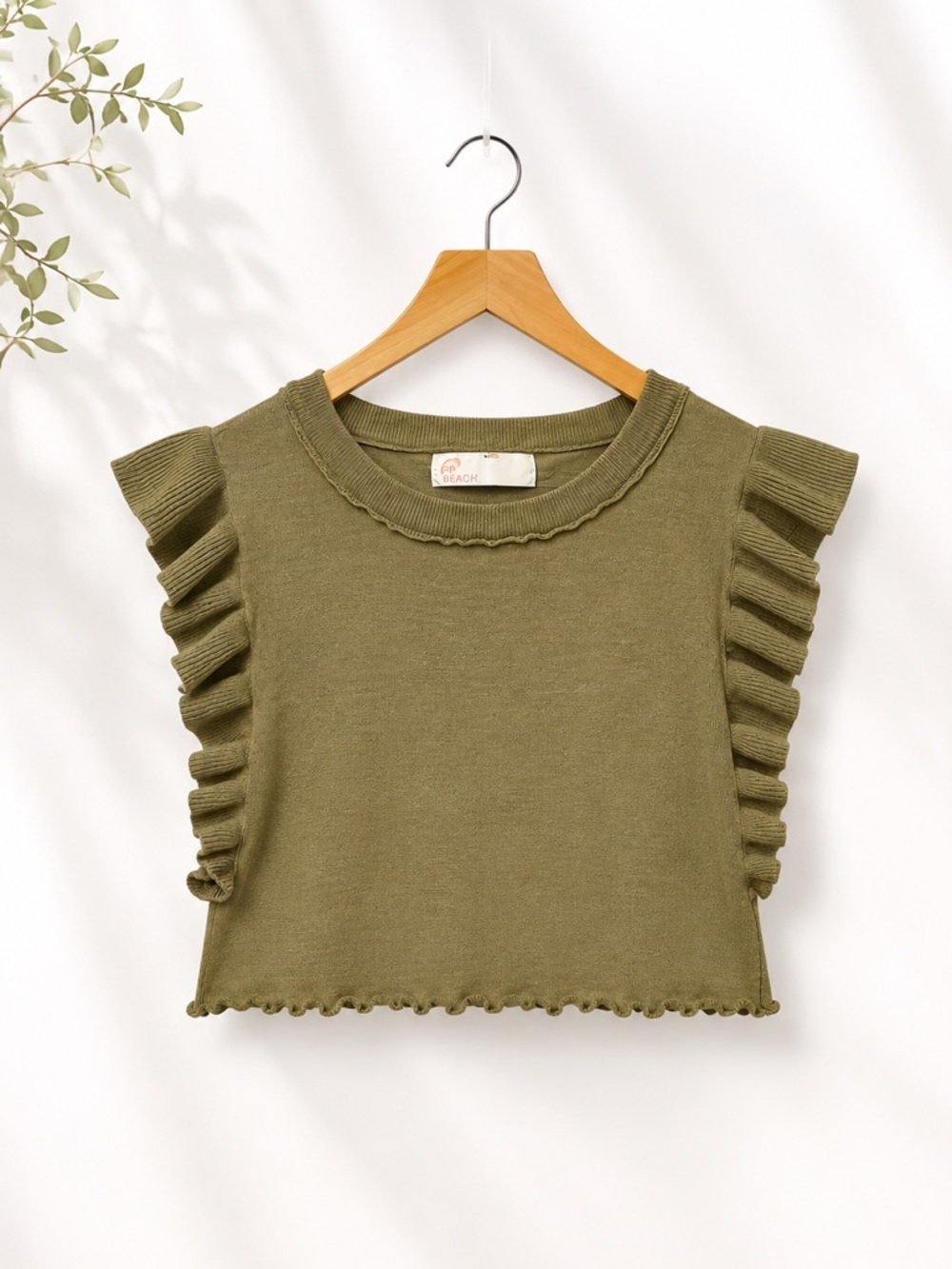 FP Beach Olive Ruffle Sleeve Knit Crop (284)